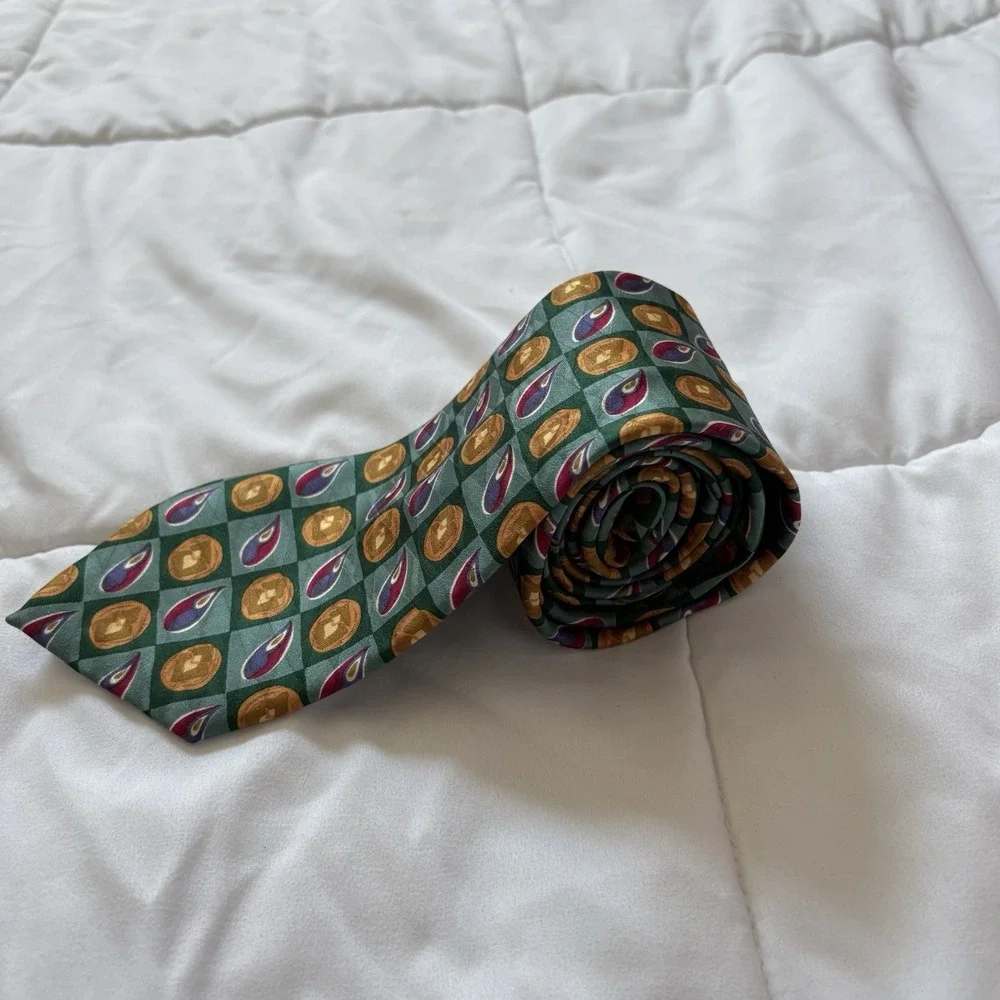 Vintage Chaps Ralph Lauren Mens 100%‎ Silk Tie Necktie Designer Luxury Green 90s